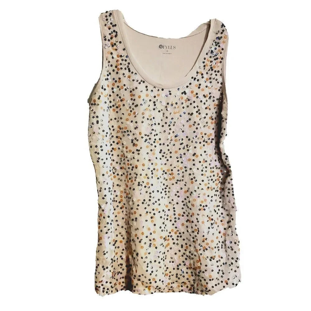 046) Stylus Shell Peach M Shimmer Sleeveless Tank Sparkle Embellished Party